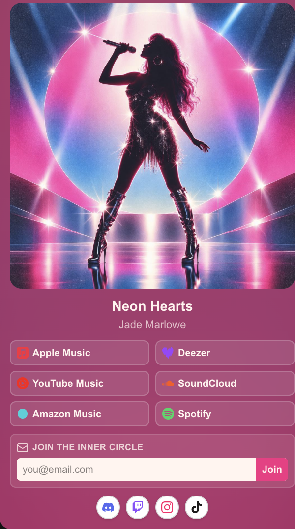 Example MelodyLane Smart Link for Neon Hearts by Jade Marlowe, with streaming service buttons, an email signup and social links